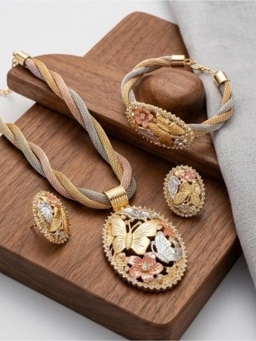 Gold, Silver and Rose-Tone Butterfly Floral Necklace Set